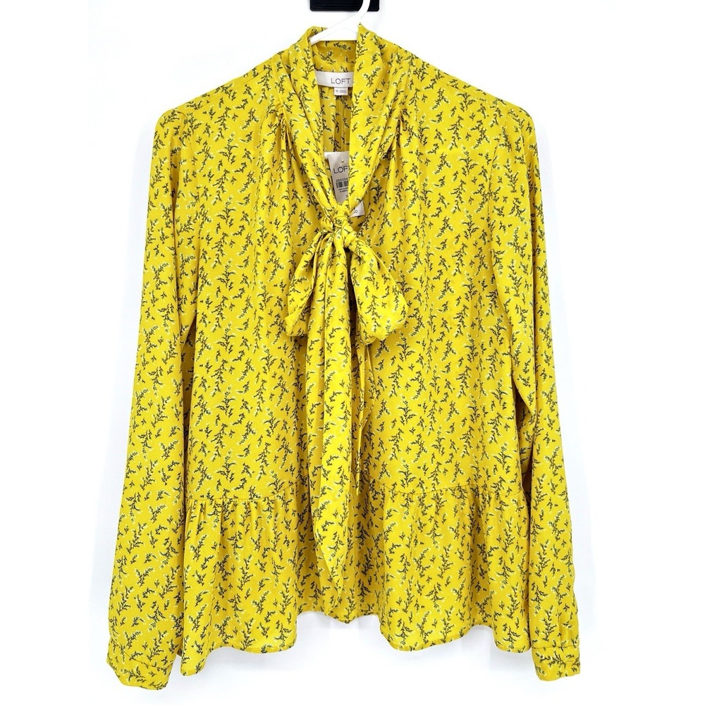 Loft Women's Ruffle Tie Neck Peplum Hem Blouse Size XS Yellow Spring Floral- NWT